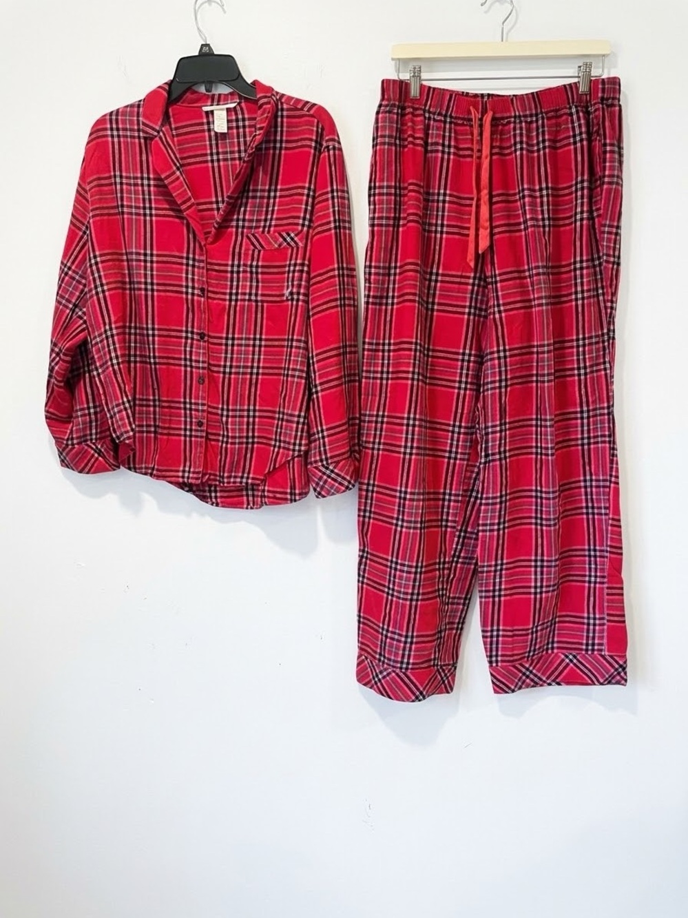 Victoria Secret Flannel Pajama Set L Large Red Plaid Tartan Sleepwear Set Pants
